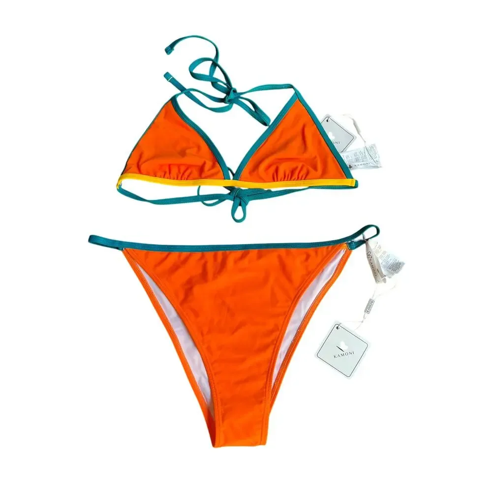 KAMONI ORANGE CONTRAST COLORBLOCK TWO PIECE HALTER BIKINI SET SIZE LARGE